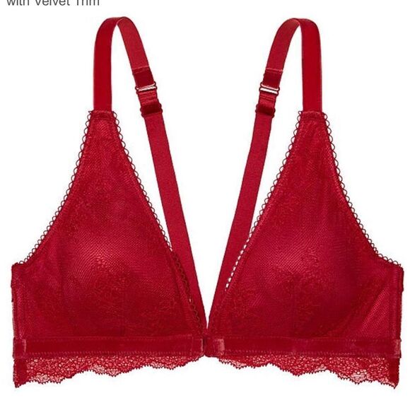 Victoria’s Secret Padded lace velvet trim front close bralette bra Ruby red M - Picture 1 of 4